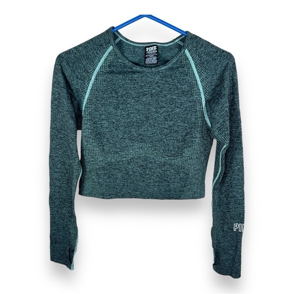 LARGE VICTORIAS SECRET PINK GREEN LONG SLEEVE ATHLETIC ACTIVEWEAR CROP TOP - Picture 2 of 11